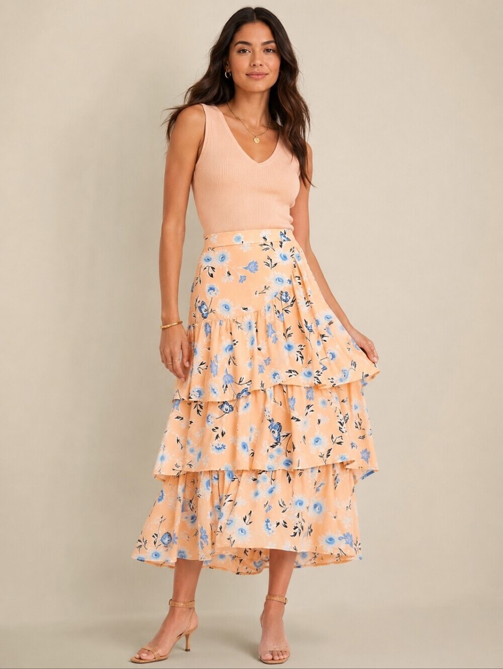 ❤️ ANN TAYLOR TIERED FLOWY FLORAL MIDI SKIRT, PEACH, BLUE, 6